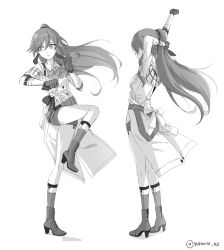 Rule 34 | 1girl, absurdres, artist name, ascot, back, bag, belt, boots, closed mouth, coattails, detective, from behind, fu hua, fu hua (hawk of the fog), fu hua (valkyrie accipiter), full body, gloves, greyscale, hashtag-only commentary, high ponytail, highres, honkai (series), honkai impact 3rd, jacket, long hair, long sleeves, looking to the side, monochrome, official alternate costume, open clothes, open jacket, ponytail, shirt, shorts, simple background, socks, solo, white background, yuhuria 52