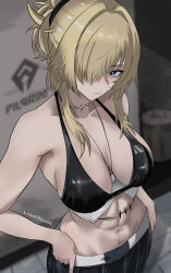 1girl abs absurdres bikini bikini_top_only black_bikini black_pants blue_eyes breasts closed_mouth commentary goddess_of_victory:_nikke grave_(beautiful_you)_(nikke) grave_(nikke) highres jewelry large_breasts looking_at_viewer medium_hair navel necklace official_alternate_costume pants solo staz64 stomach swimsuit toned toned_female twitter_username