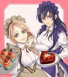 Rule 34 | 2girls, alternate costume, apron, ayra (fire emblem), ayra (tea party) (fire emblem), black hair, black pantyhose, blue eyes, bolo tie, border, breasts, brown apron, brown hair, cake, chocolate cake, closed mouth, collared shirt, cowboy shot, cupcake, enmaided, fire emblem, fire emblem: genealogy of the holy war, fire emblem: three houses, fire emblem heroes, food, frilled apron, frilled sleeves, frills, from above, fruit, hair between eyes, heart, highres, holding, holding tray, long hair, long sleeves, looking at viewer, low side ponytail, maid, maid apron, maid headdress, medium breasts, mercedes von martritz, mercedes von martritz (tea party), multiple girls, nintendo, official alternate costume, outside border, pantyhose, pink border, puffy sleeves, purple apron, purple eyes, shirt, side slit, simple background, smile, strawberry, tray, twitter username, underbust, ursla99, waist apron, wavy hair, whipped cream, white background, wing collar