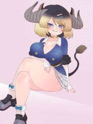 1girl animal_ears belt black_belt black_fur black_hair blonde_hair blue_eyes blue_jacket breasts cleavage cow_ears cow_girl cow_horns cow_tail elbow_gloves fur_trim gloves gold_choker grin gyaru gyumaou_(kemono_friends) hair_between_eyes hair_ornament hairpin horns huge_breasts jacket kemono_friends kemono_friends_3 kogal looking_at_viewer majikaru_pokonyan multicolored_hair one_eye_closed open_mouth plaid_clothes plaid_skirt short_hair short_sleeves sidelocks skirt smile solo tail thick_thighs thighs white_gloves white_skirt
