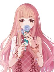 1girl bloom_poetry_(shining_nikki) blue_flower blue_rose blunt_bangs bow bowtie brown_eyes chinese_commentary clothes_writing collared_shirt commentary_request covered_mouth cross-laced_clothes cross-laced_dress dot_nose dress dress_ribbon flower flower_to_mouth frilled_shirt_collar frilled_sleeves frills high_collar holding holding_flower light_blush long_hair long_sidelocks long_sleeves looking_at_viewer nikki_(nikki) nikki_(series) petals pinafore_dress pink_dress pink_hair plaid_clothes plaid_dress red_bow red_bowtie red_ribbon ribbon rose rose_petals shining_nikki shirt sidelocks simple_background sleeveless sleeveless_dress solo straight-on upper_body very_long_hair wavy_hair white_background white_shirt youyidianqingming