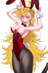 Rule 34 | 1girl, absurdres, ahoge, alternate costume, animal ear hairband, animal ears, armpits, bare arms, bare shoulders, black pantyhose, blue eyes, blush, bow, bowtie, detached collar, fake animal ears, fake tail, hair between eyes, hairband, highleg, highleg leotard, highres, hip bones, kkghost tv, leotard, long hair, panty &amp; stocking with garterbelt, panty (psg), pantyhose, parted lips, playboy bunny, rabbit ear hairband, rabbit ears, rabbit pose, rabbit tail, red bow, red bowtie, red leotard, solo, standing, standing on one leg, strapless, strapless leotard, tail, very long hair, wrist cuffs