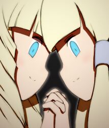 Rule 34 | 2girls, beeru (veil8801), black background, blonde hair, blue eyes, blunt bangs, dianna soreil, facing another, gundam, hair tubes, highres, holding hands, interlocked fingers, kihel heim, long hair, multiple girls, sideways mouth, smile, split mouth, symmetrical pose, symmetry, turn a gundam