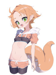 1girl absurdres black_sports_bra borrowed_character breasts cropped_hoodie cropped_legs dolphin_shorts drawstring green_eyes highres hood hood_down hoodie linea-chan_(owasaki) lizard_tail myakuro navel open_mouth orange_hair orange_tail original pantyhose pantyhose_under_shorts pointy_ears short_shorts short_sleeves shorts simple_background small_breasts solo sports_bra stomach tail white_background