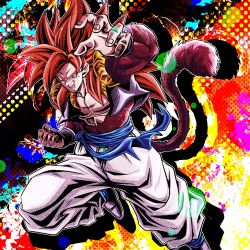 abs biceps body_fur brown_fur dragon_ball dragon_ball_gt fusion_dance gogeta male_focus metamoran_vest monkey_boy monkey_tail muscular muscular_male no_nipples pectorals red_hair spiked_hair super_saiyan super_saiyan_4 tail ushi_(akabec0)