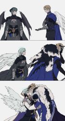 2boys angel_and_devil angel_wings armor banana69281 belt black_armor black_cape black_fur black_gloves black_horns black_jacket black_pants black_wings blonde_hair blue_belt blue_cape cape chest_belt closed_eyes closed_mouth curved_horns dagger demon_horns demon_wings dimitri_alexandre_blaiddyd dimitri_alexandre_blaiddyd_(king_of_faerghus) dimitri_alexandre_blaiddyd_(timeskip) eyepatch feathered_wings fire_emblem fire_emblem:_three_houses flower garreg_mach_monastery_uniform gloves gorget green_hair grin hair_flower hair_ornament halo hand_on_another&#039;s_face hand_on_own_chest hand_on_own_face holding holding_weapon holstered horns jacket knife long_sleeves looking_at_another male_byleth_(enlightened)_(fire_emblem) male_byleth_(fire_emblem) male_focus medium_hair multiple_boys mystical_high_collar nintendo official_alternate_costume one_eye_covered outstretched_arm pants parted_bangs pauldrons robe school_uniform sequential short_hair shoulder_armor smile teeth weapon white_background white_flower white_fur white_robe white_wings wings wolf_cut yaoi