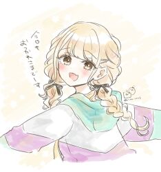1girl :d black_bow blush bow braid brown_eyes commentary_request fang from_side fujita_kotone gakuen_idolmaster hair_bow hair_ornament hair_over_shoulder hairclip hood hood_down hooded_jacket idolmaster jacket long_hair looking_at_viewer looking_to_the_side low_twintails open_mouth rino_cnc smile solo striped_clothes striped_jacket translation_request twin_braids twintails twitter_username upper_body
