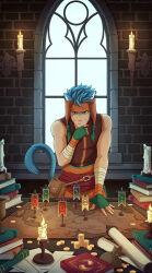 Rule 34 | 1boy, animal ears, artist name, birusabi, blue hair, book, book stack, candle, candlestand, cat boy, cat ears, commentary, english commentary, fingerless gloves, fire emblem, fire emblem: path of radiance, gloves, headdress, heterochromia, highres, indoors, male focus, nintendo, ranulf (fire emblem), short hair, sleeveless, solo, tail, thinking, window