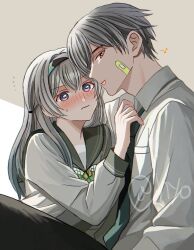 1boy 1girl bandaid bandaid_on_cheek bandaid_on_face black_hairband black_necktie black_pants blue_eyes blush caelus_(honkai:_star_rail) closed_mouth firefly_(honkai:_star_rail) grey_hair hair_between_eyes hair_ornament hairband honkai:_star_rail honkai_(series) hyohls2_(hamao3o) long_hair neckerchief necktie pants school_uniform short_hair tongue tongue_out trailblazer_(honkai:_star_rail) yellow_eyes