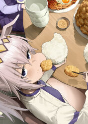 2girls absurdres animal_ears blue_eyes bowl chair chopsticks commentary eating egg_(food) english_commentary food food_on_face fried_egg from_above full_stomach grey_hair hair_between_eyes highres holding holding_bowl holding_chopsticks holding_food horse_ears horse_girl jacket long_hair long_sleeves looking_at_viewer multiple_girls mutsuru_(omotta_yori) noodles oguri_cap_(umamusume) plate rice rice_bowl school_uniform sitting solo_focus table tracen_school_uniform umamusume