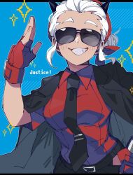 1girl absurdres bandana belt black_belt black_jacket black_necktie blue_background character_name collared_shirt commentary_request demon_horns fingerless_gloves gloves grin hand_on_own_hip hand_up helltaker highres horns jacket jacket_on_shoulders justice_(helltaker) looking_at_viewer necktie nekoma_hikaru ponytail red_bandana red_gloves red_shirt shirt short_ponytail sidelocks simple_background smile solo sparkle sunglasses upper_body white_hair
