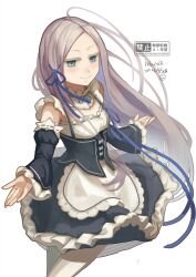 1girl alternate_costume black_sleeves blue_eyes blue_ribbon commentary dated detached_sleeves dress english_commentary enmaided forehead grey_hair hair_ribbon highres long_hair looking_at_viewer maid niaode pandora_(re:zero) parted_bangs re:zero_kara_hajimeru_isekai_seikatsu ribbon roswaal_mansion_maid_uniform signature simple_background smile solo standing underbust white_background