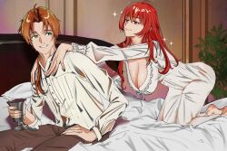 Rule 34 | 1girl, aged up, bed, bed sheet, breasts, brown hair, couple, eris greyrat, green eyes, highres, husband and wife, kaoru puripuri, large breasts, long hair, mushoku tensei, on bed, ponytail, red eyes, red hair, rudeus greyrat, side ponytail, sleepwear