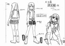 1girl 2000s aizawa_masahiro boots reference_sheet from_behind frontal_view full_body gad_guard japanese_text legs legs_apart long_hair looking_at_viewer miniskirt model_pose monochrome multiple_views official_art on_floor panties plaid_clothes plaid_skirt portrait production_art production_artwork production_note production_sketch shinozuka_arashi shirt skirt socks sweater sweater_vest thighs underwear upskirt
