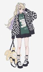 1girl absurdres ahoge animal_print bilibili_399902351 blonde_hair blush braid checkered_clothes chinese_commentary commentary_request facing_viewer full_body grey_background grey_eyes hair_ornament hand_in_own_hair highres hime_cut holding holding_stuffed_toy jacket long_hair long_sleeves looking_at_viewer open_clothes original pleated_skirt pout shadow shirt shoes side_braid simple_background skirt sleeves_past_wrists sneakers solo standing star_(symbol) star_hair_ornament stuffed_animal stuffed_toy