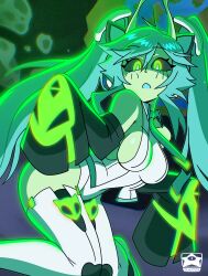 1girl absurdres alien antennae aqua_eyes aqua_hair aqua_necktie colored_skin cyber_fashion detached_sleeves glorpi_miku_(dyarikku) green_cat green_skin hatsune_miku headphones headset highres long_hair necktie non-web_source sleeves_past_fingers sleeves_past_wrists twintails very_long_hair vocaloid