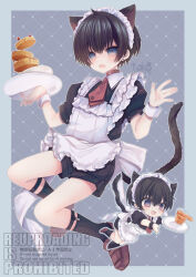 1boy @_@ animal_ears apron ascot back_bow black_hair black_shirt black_shorts black_socks blush bow brown_shoes cat_boy cat_ears cat_tail chibi collar commentary crossdressing earrings fang grey_background hair_between_eyes highres jewelry legwear_garter loafers maid maid_apron maid_headdress male_focus male_maid multiple_views open_mouth original puffy_short_sleeves puffy_sleeves red_ascot red_collar shirt shoes short_hair short_sleeves shorts skin_fang smile socks stud_earrings sweat tail toko_(cactus_tok) w_arms watermark white_bow wrist_cuffs