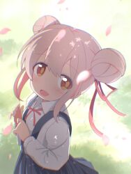 1girl double_bun genderswap genderswap_(mtf) hair_bun hair_ribbon highres long_hair looking_at_viewer neck_ribbon onii-chan_wa_oshimai! open_mouth orange_eyes oyama_mahiro petals pink_hair ribbon school_uniform skirt smile solo suspender_skirt suspenders unkimo