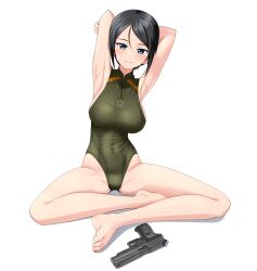 Rule 34 | 1girl, absurdres, armpits, arms behind head, barefoot, black eyes, black hair, breasts, chouno ami, commentary request, competition swimsuit, feet, girls und panzer, green one-piece swimsuit, gun, handgun, highres, indian style, large variant set, looking at viewer, medium breasts, one-piece swimsuit, presenting armpit, short hair, sig p220/p226, sig sauer, simple background, sitting, solo, swept bangs, swimsuit, takafumi, toes, turtleneck, variant set, weapon, white background