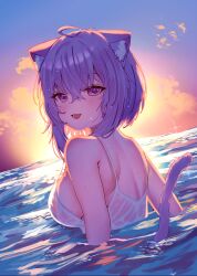 1girl :3 :d absurdres ahoge animal_ear_fluff animal_ears breasts camisole cat_ears cat_girl cat_tail commentary_request crossed_bangs double-parted_bangs from_behind gong_xu_yamii hair_between_eyes highres hololive large_breasts looking_at_viewer looking_back median_furrow medium_hair messy_hair nekomata_okayu ocean open_mouth outdoors partially_submerged purple_eyes purple_hair shoulder_blades sideboob smile solo spaghetti_strap sunset tail virtual_youtuber wet wet_clothes white_camisole