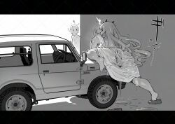1boy 1girl ^^^ barefoot cat caught commentary_request dress female_masturbation from_behind greyscale highres letterboxed long_hair looking_at_another masturbation mechanophilia monochrome original pussy_juice sashizume_soutarou soles toes wet wet_clothes wet_dress