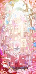 animal bird cherry_blossoms clock commentary_request couch deer deer_head falling_petals fish highres makoron117117 manta_ray no_humans original painting_(object) petals picture_frame scenery taxidermy trophy_head water_drop whale