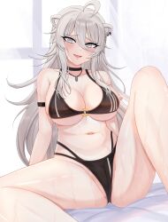 Rule 34 | 1girl, absurdres, ahoge, animal ears, arm strap, bikini, black bikini, black choker, blush, breasts, cameltoe, choker, grey eyes, grey hair, highres, hololive, jewelry, kuroyamii, large breasts, long hair, looking at viewer, navel, necklace, shishiro botan, solo, swimsuit, virtual youtuber