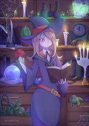 1girl artist_name book bug candle clock crystal_ball desk doll drawer expressionless female_focus flower_pot glowing hair_over_one_eye hat highres holding holding_book holding_mushroom ink inkwell little_witch_academia long_hair long_sleeves luna_nova_school_uniform mushroom okami_hiro open_book open_drawer paper pillow pink_hair pixiv_username plant quill reading red_eyes robe school_uniform shelf signature silk skull solo spider spider_web stitches sucy_manbavaran vase wax witch witch_hat