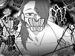 Rule 34 | 1boy, black butterfly, black eyes, bright pupils, bug, butterfly, coat, collarbone, covered mouth, curtained hair, e.g.o (project moon), glasses, gregor (project moon), grey hair, greyscale, hair over one eye, insect, limbus company, looking at viewer, low ponytail, male focus, monochrome, nuging825, open clothes, open coat, pectorals, ponytail, portrait, project moon, solemn lament (e.g.o), solo, white butterfly, white coat, white pupils