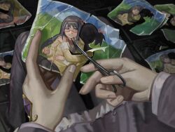 2girls absurdres akemi_homura black_hair blue_eyes blue_sky dress frilled_dress frills glasses grin hair_ornament hands_up headband heart heart_hair_ornament highres hill holding holding_scissors hug hug_from_side jewelry kaname_madoka looking_at_another mahou_shoujo_madoka_magica multiple_girls photo_(object) scissors shirt silhouette silverheather sitting sky smile surgical_scissors tile_floor tiles too_many_papers torn_paper yellow_shirt