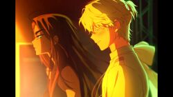 1boy 1girl alien_stage back_bow blonde_hair blush bow brown_hair dark-skinned_female dark_skin from_side highres hyuna_(alien_stage) long_hair lubya luka_(alien_stage) shirt short_hair small_sweatdrop smile very_short_hair white_bow white_shirt