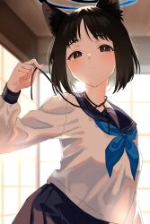 1girl animal_ears black_eyes black_hair blue_archive blue_halo blue_neckerchief blue_skirt blurry blush breasts cat_ears closed_mouth commentary_request depth_of_field halo highres indoors kikyou_(blue_archive) long_sleeves looking_at_viewer medium_breasts medium_hair neckerchief okurarebito pleated_skirt school_uniform serafuku shirt skirt solo string_pull upper_body white_shirt
