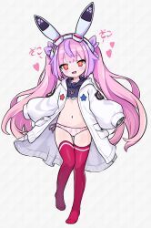 1girl animal_ears animal_print coat commentary_request fake_animal_ears full_body grey_background heart highres hood hooded_coat long_hair looking_at_viewer mechanical_ears multicolored_hair mwm5 navel open_mouth panties pink_hair print_panties rabbit_ears rabbit_print red_thighhighs sleeves_past_fingers sleeves_past_wrists solo stinel_(world_flipper) streaked_hair thighhighs translation_request underwear white_coat world_flipper yellow_pupils