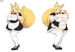 1girl 53hank animal_ear_fluff animal_ears apron artist_name before_and_after belly black_dress blonde_hair breasts brown_shoes burger cleavage commission corset detached_collar dress eating fat fat_woman food fox_ears fox_girl fox_shadow_puppet fox_tail green_eyes holding holding_food huge_breasts large_breasts large_tail long_hair maid maid_apron multiple_views navel open_corset open_mouth original shoes skindentation smile solo standing tail thick_arms thick_thighs thighhighs thighs tight_clothes vgen_commission weight_conscious weight_gain white_background white_thighhighs wrist_cuffs