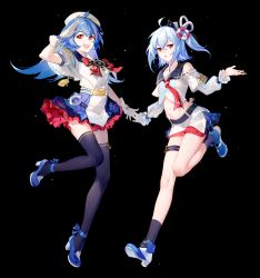 2girls bilibili black_legwear blue_hair boots hair_ornament highres long_hair multiple_girls official_art open_mouth red_eyes shoes short_hair short_shorts shorts skirt thighhighs yyb