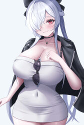 1girl absurdres black_choker black_jacket black_ribbon breasts choker cinderella_(beautiful_me)_(nikke) cinderella_(nikke) cleavage covered_navel dongtan_dress dress eyewear_hang goddess_of_victory:_nikke grey_dress hair_over_one_eye hair_ribbon heart heart_necklace highres jacket jacket_on_shoulders jewelry large_breasts long_hair meme_attire necklace official_alternate_costume one_eye_covered phone red_eyes ribbon simple_background smile solo thighs unworn_eyewear white_background zion_rss