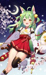 Rule 34 | 1girl, :d, ahoge, animal ears, bell, black bridal gauntlets, black thighhighs, bridal gauntlets, cherry blossoms, crescent moon, detached sleeves, fang, flower, green hair, highres, indie virtual youtuber, japanese clothes, kimono, long hair, long sleeves, looking at viewer, mira lupus, moon, night, night sky, nontraditional miko, open mouth, pink flower, red eyes, red skirt, ruhika, sandals, second-party source, skirt, sky, sleeveless, sleeveless kimono, smile, solo, tail, thighhighs, virtual youtuber, white kimono, white sleeves, wide sleeves, wolf ears, wolf girl, wolf tail, zouri