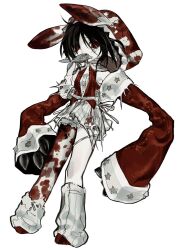 1girl black_hair blood blood_on_clothes claws commentary_request dress fish full_body highres hood hood_up korean_commentary leg_warmers looking_at_viewer mouth_hold original pointy_ears red_eyes red_vest senmaze short_hair simple_background sleeves_past_wrists solo vest white_background white_dress