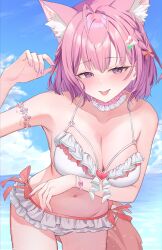 1girl absurdres animal_ears antenna_hair arm_under_breasts armlet bare_shoulders bikini blue_sky blush bow bracelet braid breasts choker cleavage cloud cloudy_sky collarbone commentary day extra_ears fingernails frilled_bikini frilled_choker frills hair_ribbon hakui_koyori hakui_koyori_(summer) hanamaru_tsubaki highres hololive jewelry large_breasts looking_at_viewer medium_hair nail_polish navel outdoors pink_bow pink_choker pink_eyes pink_hair pink_nails pink_ribbon pink_tail ribbon sky smile solo stomach swimsuit tail thighs tongue tongue_out two-tone_choker virtual_youtuber white_bikini white_choker wolf_ears wolf_girl wolf_tail