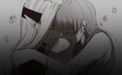 Rule 34 | 2boys, arms around neck, blush, closed eyes, commentary request, dragon quest, dragon quest iv, earrings, forehead-to-forehead, greyscale, headband, heads together, hero (dq4), implied cowgirl position, implied sex, jewelry, long hair, male focus, medium hair, monochrome, motion lines, multiple boys, parted hair, pisaro, pointy ears, profile, shirt, single earring, slime (dragon quest), speech bubble, tara (677965), tunic, upper body, yaoi