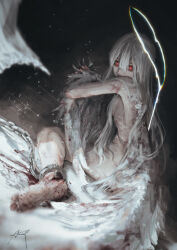 1girl absurdres angel angel_wings arai_bokuseki barefoot blood blood_on_arm blood_on_feet blood_on_hands bloody_wings covered_mouth dripping feet glowing glowing_eyes glowing_halo guro hair_between_eyes halo highres injury looking_at_viewer mutilation nude original red_eyes snow white_hair wings