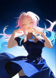 Rule 34 | 1girl, alien stage, belt, black belt, black dress, black sleeves, black thighhighs, blue background, commentary, cowboy shot, detached sleeves, dress, english commentary, floating hair, hands up, long hair, mizi (alien stage), open mouth, pink hair, sayume50, short sleeves, signature, sleeveless, sleeveless dress, smile, solo, thighhighs, yellow eyes