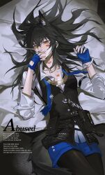 1girl absurdres animal_ear_fluff animal_ears arknights belt_pouch black_hair black_pantyhose black_vest blue_gloves blue_necktie blue_shorts cigarette collared_shirt commentary cowboy_shot cuffs earrings english_text extra_ears fingerless_gloves gloves hair_between_eyes handcuffs highres holding holding_cigarette jewelry lipstick_mark long_hair long_sleeves looking_at_viewer lying meng_ziya necktie on_back orange_eyes pantyhose pouch shirt shorts smoking solo symbol-only_commentary tail texas_(arknights) texas_the_omertosa_(arknights) undone_necktie vest white_shirt wing_collar wolf_ears wolf_girl wolf_tail