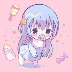 1girl baby_bottle bib blue_dress blue_eyes blue_hair blush bottle brown_background candy_wrapper character_name chibi commentary_request dress female_focus gochuumon_wa_usagi_desu_ka? hair_between_eyes hair_ornament heart kafuu_chino leaning_forward long_hair long_sleeves looking_at_viewer no_shoes pacifier pantyhose rattle rin_(fuwarin) sailor_collar sidelocks sleeves_past_wrists solo standing two_side_up very_long_hair white_pantyhose x_hair_ornament