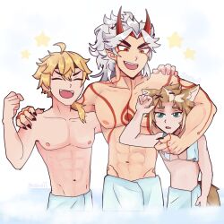 Rule 34 | 3boys, abs, absurdres, animal ears, aqua eyes, arataki itto, arm tattoo, blonde hair, brown hair, chest tattoo, closed eyes, demon horns, dog boy, dog ears, dog tail, facial mark, genshin impact, gorou (genshin impact), hair between eyes, headband, highres, horns, long hair, male focus, multicolored hair, multiple boys, muscular, muscular male, navel, nipples, open mouth, ponytail, red eyes, smile, soswii, stomach, streaked hair, tail, tattoo, thoma (genshin impact), topless male, towel, towel around neck, white background, white hair