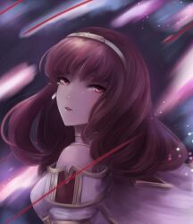 1girl armor aura breastplate cape celica_(fire_emblem) celica_(imprisoned_soul)_(fire_emblem) choker dark_aura earrings fire_emblem fire_emblem_echoes:_shadows_of_valentia from_side jewelry leonmandala long_hair nintendo orange_eyes orange_hair princess red_eyes red_hair solo tears tiara white_armor witch