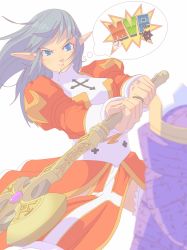 1girl 1other :t blue_eyes blue_hair breasts candy closed_mouth commentary_request cowboy_shot cross demon deviruchi dress food food_in_mouth high_priest_(ragnarok_online) highres holding holding_weapon juliet_sleeves lollipop long_hair long_sleeves looking_at_another lunatic_(ragnarok_online) medium_breasts mummy mvp osiris_(ragnarok_online) pointy_ears puffy_sleeves rabbit ragnarok_online ragnarok_origin red_dress saba_(loki) sash simple_background speech_bubble thighhighs thought_bubble two-tone_dress weapon white_background white_dress white_sash white_thighhighs