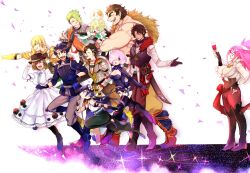 achilles_(fate) apollo_(fate) armor bartholomew_roberts_(fate) black_hair boots braid breasts brown_hair charlotte_corday_(fate) charlotte_corday_(third_ascension)_(fate) cleavage clenched_hands cross cross_necklace cup cutlass dress drinking_glass earrings fate/grand_order fate_(series) francis_drake_(fate) francis_drake_(stormy_seas_outfit)_(fate) fujimaru_ritsuka_(male) fujimaru_ritsuka_(male)_(polar_chaldea_uniform) gloves green_hair grin hair_over_one_eye hat highres jason_(fate) jewelry large_breasts laughing mandricardo_(fate) mash_kyrielight mash_kyrielight_(ortenaus) medium_breasts mochizuki_chiyome_(fate) necklace pants paris_(fate) pink_hair pointing pointing_forward pouch scar scar_on_face side_braid smile super_orion_(fate) takashi_(onikukku) thigh_boots white_dress wine_glass