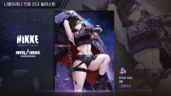 1girl black_cloak broken_mask buckle card_game chain cloak coffin cropped_shirt exposed_pocket goddess_of_victory:_nikke grave_(nikke) holding holding_chain hood hooded_cloak mask metal_gloves micro_shorts multiple_scars navel official_art scar scar_on_stomach shorts snap-fit_buckle solo torn_cloak torn_clothes