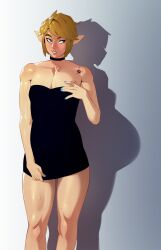 1boy absurdres alternate_costume black_choker black_dress blonde_hair blue_eyes blue_nails choker combos_&amp;_doodles crossdressing different_shadow dress gradient_background grey_background highres link nintendo pointy_ears short_hair shoulder_tattoo strapless strapless_dress sweat tattoo the_legend_of_zelda trap